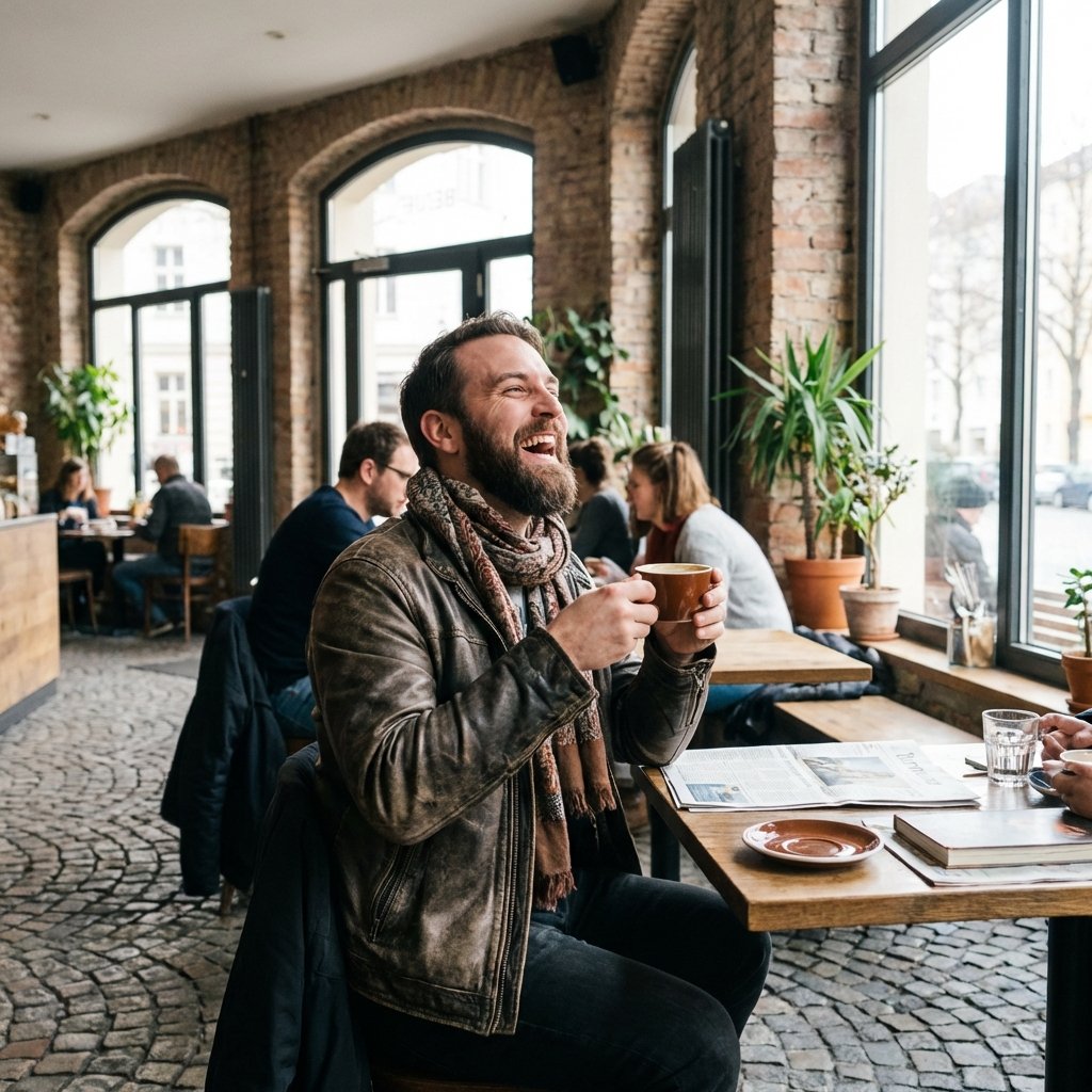Laughing man at cafe